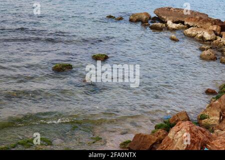 Rocks in the middle of the sea with seaweed. Stock Photo