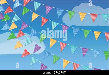 Colorful garland flags on a background of blue sky and white clouds.Vector illustration Stock Vector