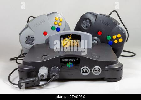 The Legend of Zelda: Ocarina of Time game in a Nintendo 64 or N64 video game console, a fifth generation video game console launched in 1996 in Japan. Stock Photo