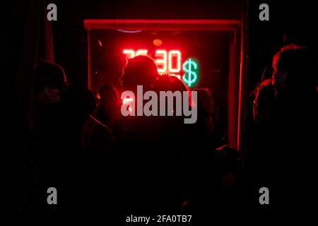 Board of the exchange office with the rates of sale and purchase of USA and European currencies for Russian rubles in the center of Moscow, Russia Stock Photo