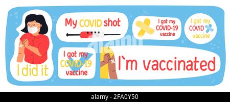 Vaccination stickers. Anti-covid, I got my COVID vaccine, I did it, I am vaccinated, My COVID shot. Hand drawn cute vector illustration. Stock Vector