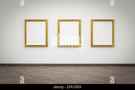 blank canvas with golden frame in gallery exhibition hall 3d render illustration Stock Photo