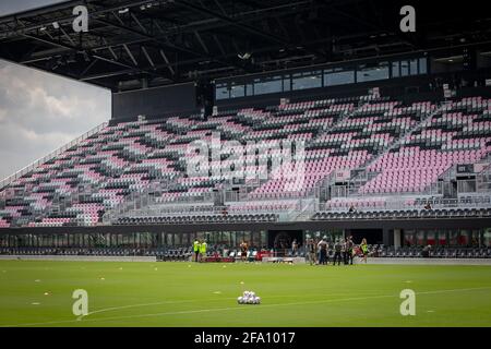 Fort Lauderdale, Florida, USA - April 18, 2021: Soccer match between Inter Miami CF and LA Galaxy in DRV Pink Stadium. Stadium view. Stock Photo