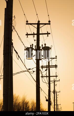 Row of silhouetted utility poles with electric transmission lines and transformers at sunrise Stock Photo