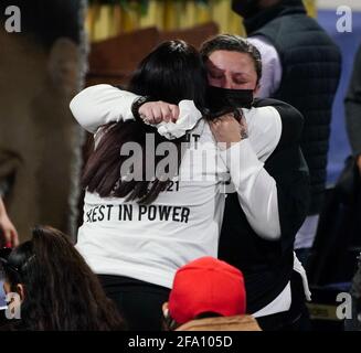 Minneapolis, United States. 21st Apr, 2021. Katie Wright hugs a family member during a public viewing for 20-year-old Daunte Wright in Brooklyn Center, Minnesota on Wednesday, April 21, 2021. Wright was shot and killed by police officer Kimberly Ann Potter, who thought she was using a taser gun, during a recent traffic stop and attempted arrest. Photo by Jemal Countess/UPI Credit: UPI/Alamy Live News Stock Photo