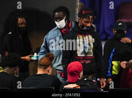 Minneapolis, United States. 21st Apr, 2021. AJ Wright and family prepare to depart the Shiloh Temple following a public viewing for 20-year-old Daunte Wright in Brooklyn Center, Minnesota on Wednesday, April 21, 2021. Wright was shot and killed by police officer Kimberly Ann Potter, who thought she was using a taser gun, during a recent traffic stop and attempted arrest. Photo by Jemal Countess/UPI Credit: UPI/Alamy Live News Stock Photo