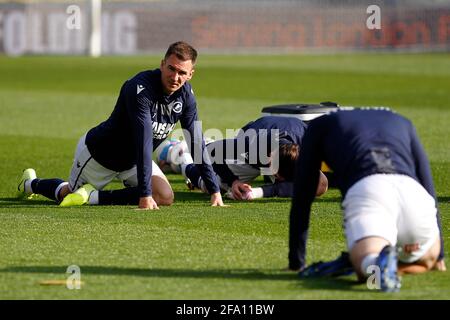 London, UK. 21st Apr, 2021. Jed Wallace of Millwall stretching during the EFL Sky Bet Championship match between Millwall and Bournemouth at The Den, London, England on 21 April 2021. Photo by Carlton Myrie. Editorial use only, license required for commercial use. No use in betting, games or a single club/league/player publications. Credit: UK Sports Pics Ltd/Alamy Live News Stock Photo