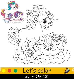 Cute mom and baby unicorns Coloring book page with colorful template. Vector cartoon isolated illustration. For coloring book, education, print, game, Stock Vector