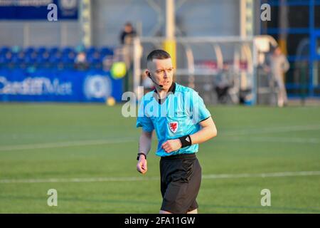 Cardiff, Wales. 21 April, 2021. Referee Jordan Harman during the Welsh Premier Women's League match between Cardiff Met Women and Swansea City Ladies at the Cyncoed Campus in Cardiff, Wales, UK on 21, April 2021. Credit: Duncan Thomas/Majestic Media/Alamy Live News. Stock Photo