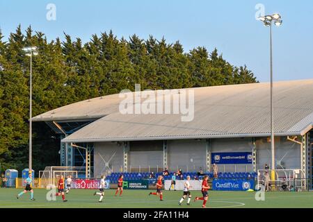 Cardiff, Wales. 21 April, 2021. Players on the field during the Welsh Premier Women's League match between Cardiff Met Women and Swansea City Ladies at the Cyncoed Campus in Cardiff, Wales, UK on 21, April 2021. Credit: Duncan Thomas/Majestic Media/Alamy Live News. Stock Photo