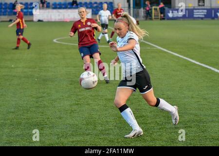 Cardiff, Wales. 21 April, 2021. Kelly Adams of Swansea City Ladies in action during the Welsh Premier Women's League match between Cardiff Met Women and Swansea City Ladies at the Cyncoed Campus in Cardiff, Wales, UK on 21, April 2021. Credit: Duncan Thomas/Majestic Media/Alamy Live News. Stock Photo