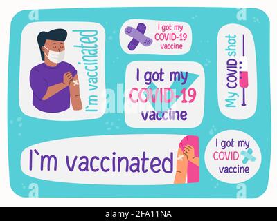 Hand drawing illustration and lettering COVID vaccination concept. Anti-covid, I got my COVID vaccine, I did it, I am vaccinated, My COVID shot. Cute Stock Vector
