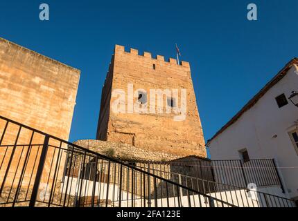 Low angle shot of the Sot de Chera castle under a beautiful cloudless blue sky in Valencia, Spain Stock Photo