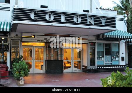 The Colony Theatre on Lincoln Road in Miami Beach, Florida. Restored 1935-era art deco theater now featuring film, music, dance, opera and more.
