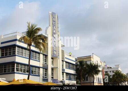 Exterior of the Breakwater Hotel on Ocean Drive, City of Miami Beach, Florida, in the Art Deco District of South Beach. Stock Photo