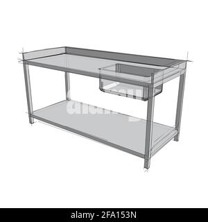 Technical drawing of a restaurant sink in an architectural style. Schematic vector illustration of commercial kitchen sink on white background Stock Vector