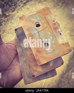 Old cassette tape parts as a music player parts Stock Photo