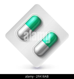 Two colored capsules of medicine on blister. Icon isolated on white background Stock Vector