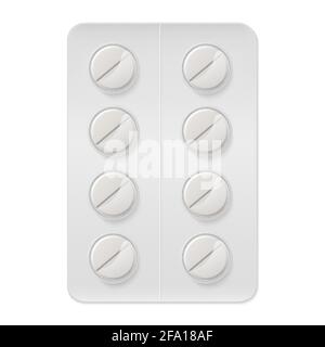 Set of white round pills on blister. Icon isolated on white background Stock Vector
