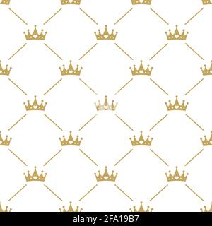 Seamless ornament with golden crowns on white background. Royal, luxury, vip, first class. Monarchy, authority, power wallpaper. Vector simple pattern Stock Vector