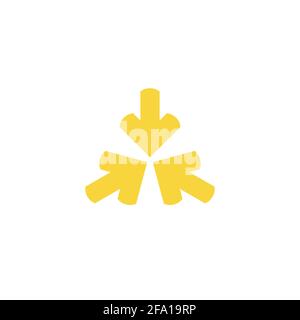 Three yellow arrows point to the center. Triple Collide Arrows icon. Merge directions icon. Vector illustration. Isolated on white. Stock Vector