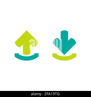 blue and green arrows in box. up and down. flat icons set isolated on white. point down button. south sign. Upload icon. Upgrade. download, share Stock Vector