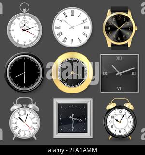 Realistic clocks. Wristwatch, alarm clock and silver metal wall clocks, 3D clock face vector illustration set. Round analog clocks Stock Vector