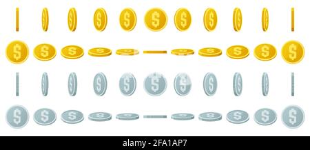 Gold coins animation. Spin gold and silver coins, shiny gambling coins rotation for game interface vector illustration set. Rotating jackpot coins Stock Vector