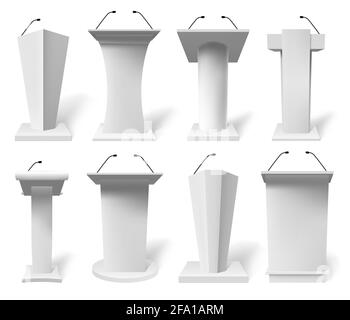 Realistic speech tribune. Debate tribune podiums with microphone, 3d public presentation tribune vector illustration set. White podium tribune mockups Stock Vector