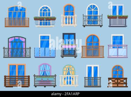 House facade balconies. Balcony, terrace fencing, house architecture facade balconies isolated vector illustration set. Balcony windows with railing Stock Vector