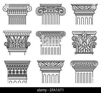 Ancient greek capitals. Architectural orders, ionic and doric antique classical capitals isolated vector illustration set. Greek and roman engraved Stock Vector