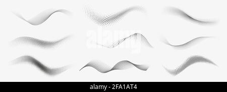 Dotted halftone waves. Abstract liquid shapes, wave effect dotted gradient texture waves isolated vector symbols set. Halftone graphic dots waves Stock Vector