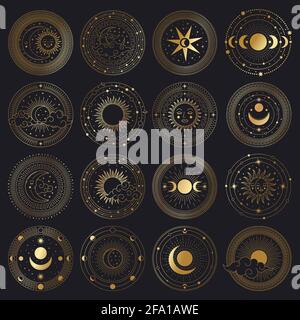 Magical sun and moon circle. Sacred golden ornate circle frames, sun, moon and clouds vector illustration symbols set. Mystical night sky elements Stock Vector