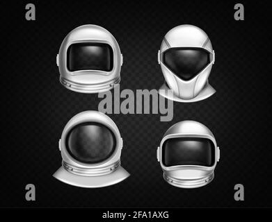 Astronaut helmets for space exploration and flight in cosmos. Cosmonaut mask with clear glass different shapes. Vector realistic set of white suit part for protection spaceman head Stock Vector