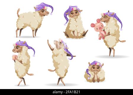 Cute sheep character in sleeping hat in different poses isolated on white background. Vector set of cartoon funny lamb in night cap smile, dance, hold cup and toy. Creative emoji set, animal mascot Stock Vector