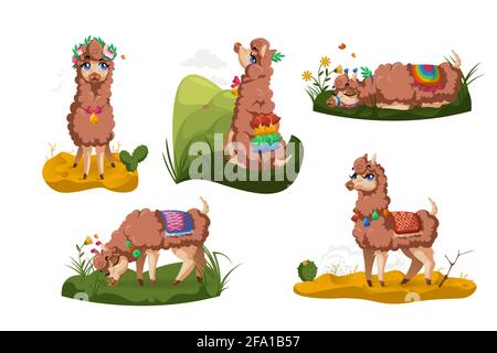 Llama, Peru alpaca animal, cartoon Mexican Lama character, mascot with cute face wear tassels on ears and blanket different poses sitting, sleeping, grazing on grass, stand on desert sand isolated set Stock Vector