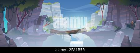 Log bridge over the river graphic black white forest landscape sketch ...