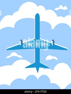 Time to Travel poster holiday summer vacation. Plane bottom view sky clouds vintage retro. Vector illustration isolated Stock Vector