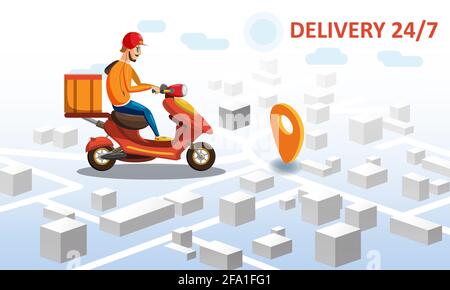 Delivery by scooter moped on mobile tracking online, map isometric. Online food order service. Landing page, template, ui, web, mobile app, poster Stock Vector