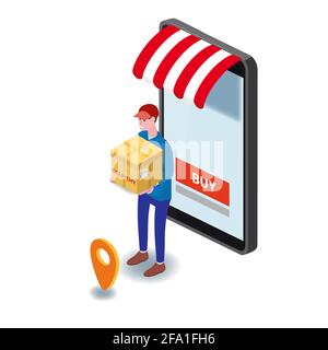 Delivery courier man with box parcel smartphone with online store. Online shopping and delivery concept. Isometric template. Vector isolated Stock Vector