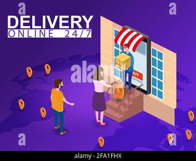 Delivery on Smartphone with online store, courier man delivers box parsel to the buyer isometry. Internet Shopping and Online Delivery Concept Stock Vector