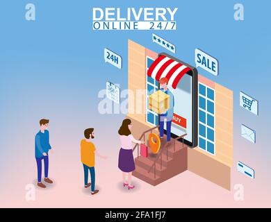 Delivery on Smartphone with online store, courier man delivers box parsel to the buyer isometry. Internet Shopping and Online Delivery Concept Stock Vector