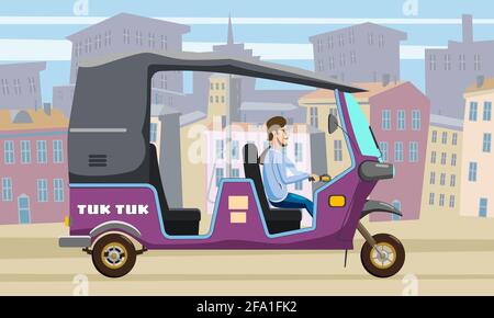 Tuk Tuk Asian auto rickshaw three wheeler tricycle with local driver. Background city urban street Thailand, Indian countries baby taxi. Vector Stock Vector