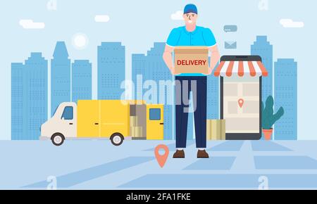 Courier delivery man character delivers goods by van, order tracking online, smartphone city background. Concept vector illustration isolated Stock Vector