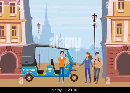 Tuk Tuk Asian auto rickshaw three wheeler tricycle with local driver. Background city urban street Thailand, Indian countries baby taxi. Vector Stock Vector