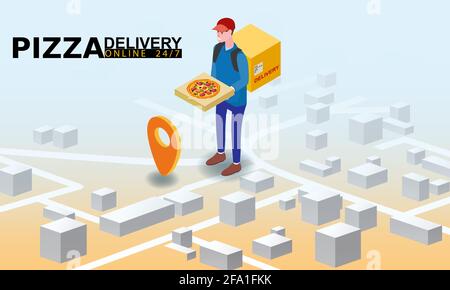 Isometry Pizza delivery courier man with package fast food pizza. Online service order, map city tracking. Vector illustration isolated flat isometric Stock Vector