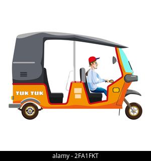 Tuk Tuk Asian auto rickshaw three wheeler tricycle with local driver. Thailand, Indian countries baby taxi. Vector illustration isolated cartoon style Stock Vector
