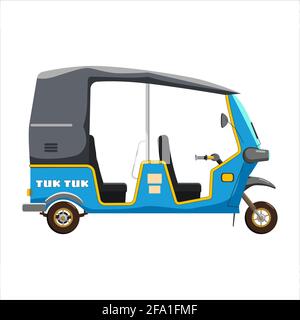 Tuk Tuk Asian auto rickshaw three wheeler tricycle blue. Thailand, Indian countries baby taxi. Vector illustration isolated cartoon style Stock Vector