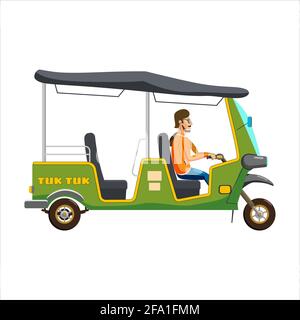 Tuk Tuk Asian auto rickshaw three wheeler tricycle with local driver. Thailand, Indian countries baby taxi. Vector illustration isolated cartoon style Stock Vector