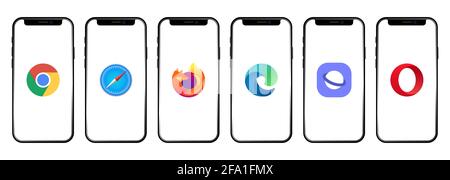 Vinnytsia, Ukraine - April 21, 2021: Set of phone screen with different browsers icons. Google Chrome, Safari, Mozilla Firefox, Microsoft Edge, Samsun Stock Vector
